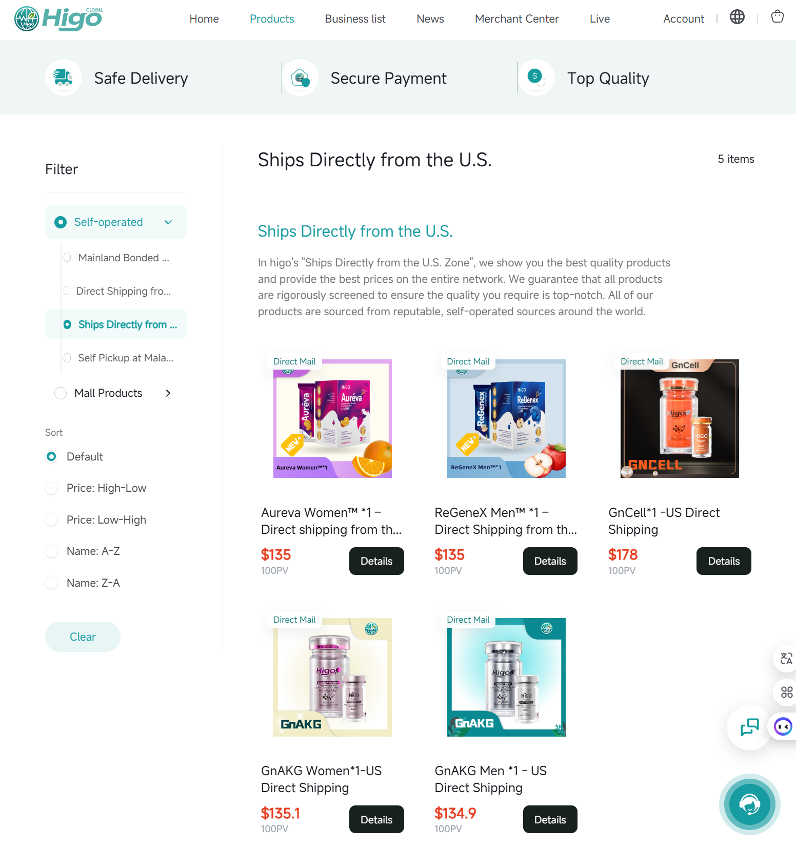 Open the US Direct Shipping category
